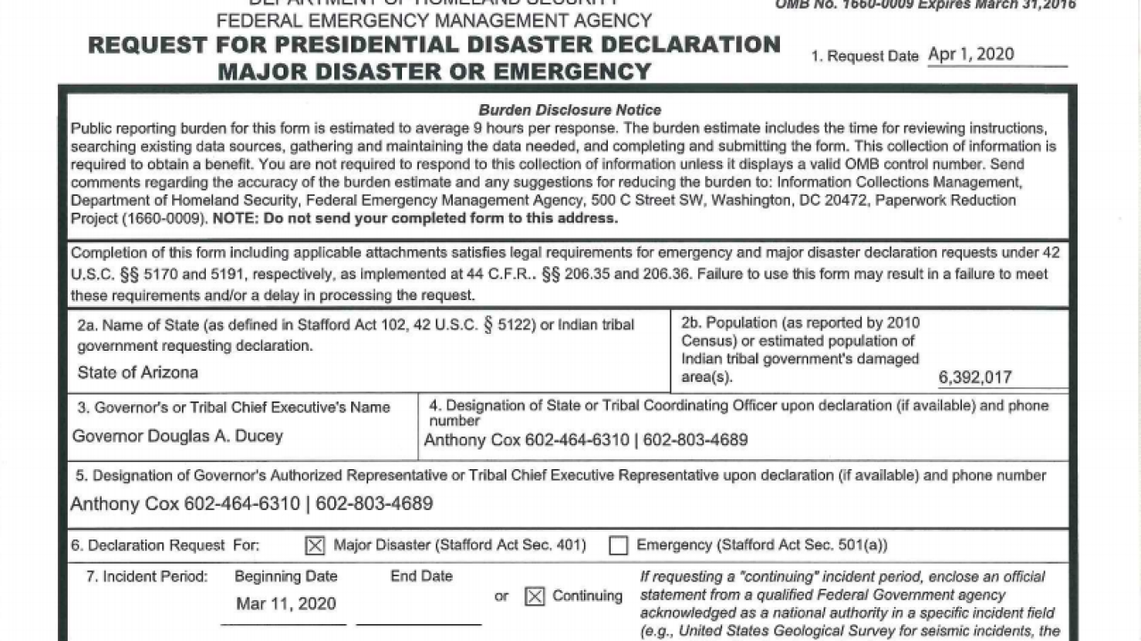 Gov. Ducey requests Major Disaster Declaration from President Trump